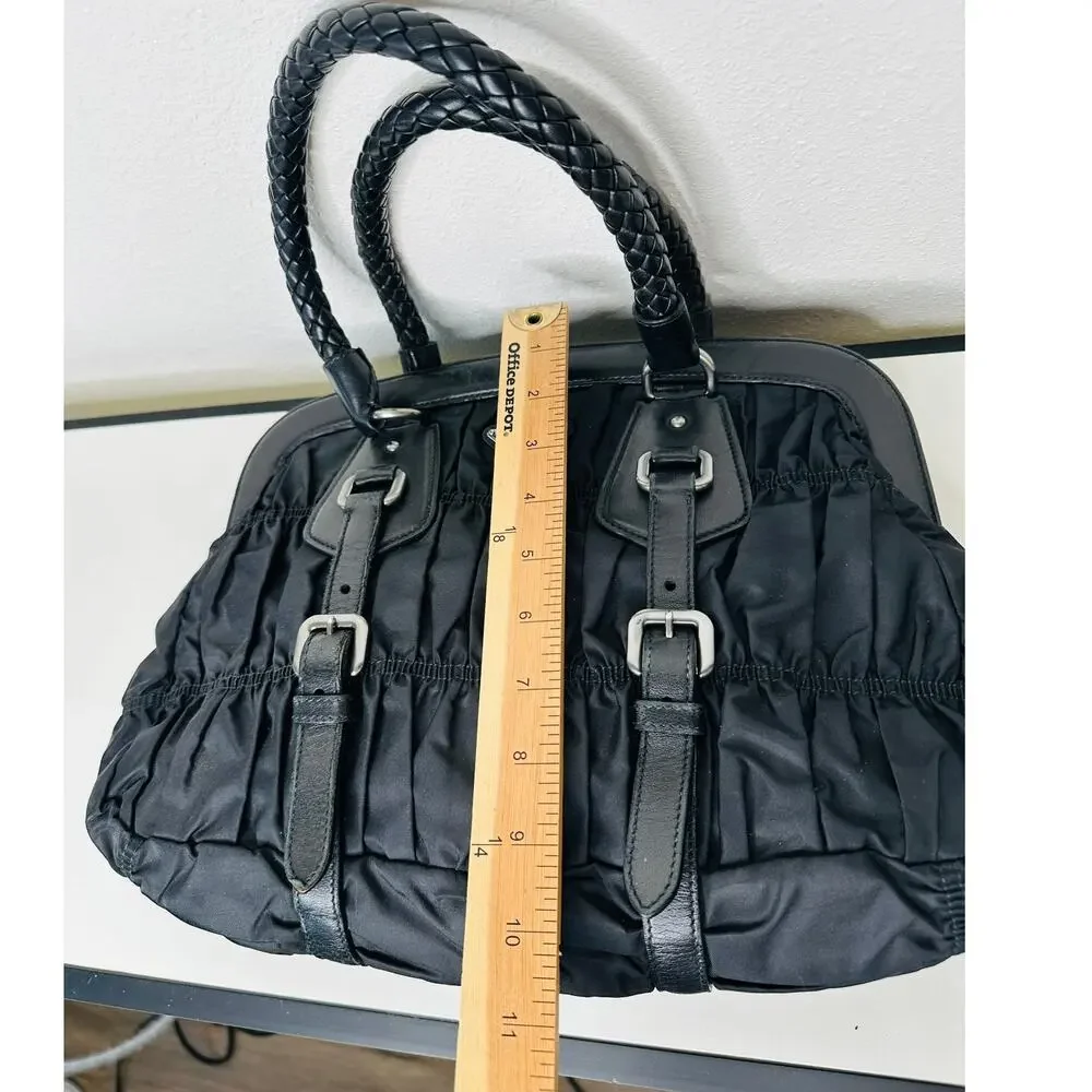 Prada Vintage 90s Black Nylon & Leather Buckle Braided Handle Purse - Picture 16 of 16